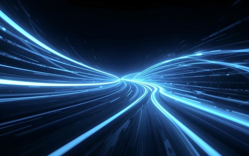 Luces azules curvas moviéndose a gran velocidad sobre un fondo oscuro.